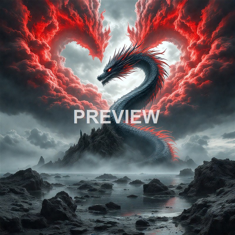 A gigantic, menacing dragon with dark scales, red glowing eyes, and sharp spines, rising from a rocky island surrounded by water under a dark, stormy sky with red-tinged clouds forming a heart shape.